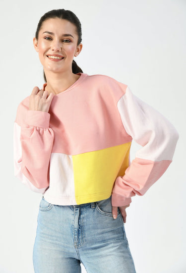 Pink/Yellow Color - Blocked Cropped Sweatshirt - RueCollections